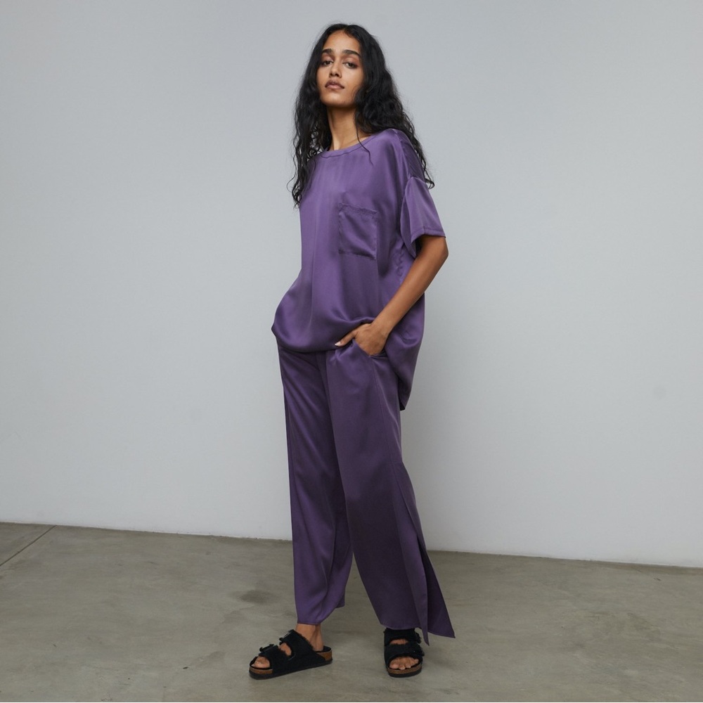 Lunya Silk Pajama Pants in Flying Fig (Purple); Large.